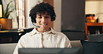Laptop, smile and man with headset for remote work, help desk or troubleshooting assistance. Tech support, virtual assistant or customer care in home with hotline, conversation or problem solving