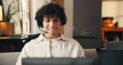 Buy stock photo Laptop, smile and man with headset for remote work, help desk or troubleshooting assistance. Tech support, virtual assistant or customer care in home with hotline, conversation or problem solving