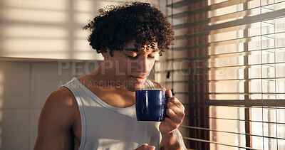 Buy stock photo Coffee, relax and scent with man in kitchen of home for caffeine, start of morning or weekend. Aroma, beverage and cup with person smelling drink in apartment for break, stress relief or wellness