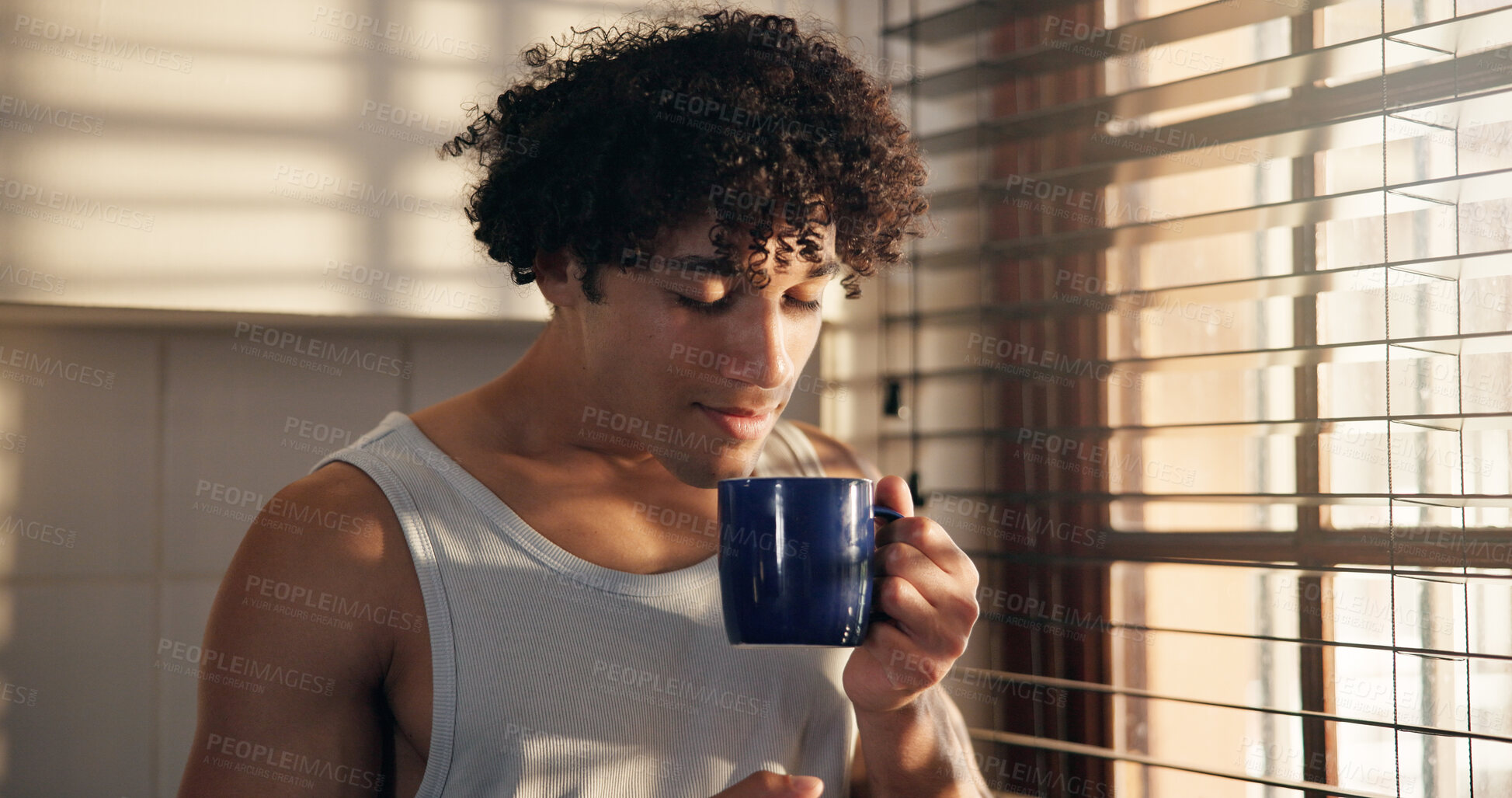 Buy stock photo Coffee, relax and scent with man in kitchen of home for caffeine, start of morning or weekend. Aroma, beverage and cup with person smelling drink in apartment for break, stress relief or wellness
