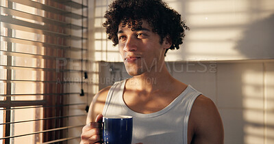 Buy stock photo Calm, thinking or man in house with coffee, memory or insight with morning inspiration. Reflection, smile or person in home with warm beverage, nostalgia or peaceful perspective in living room.