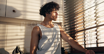 Buy stock photo Thinking, sad and man in house with nostalgia, disappointed mindset or mistake in wrong decision. Reflection, memory or male person in home with doubt, questioning perspective or regret in kitchen.
