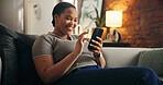 Relax, woman and scroll with phone on sofa for dating app, chat notification and message response. Happy, black person or swipe on mobile in home for profile match, online connection or weekend break