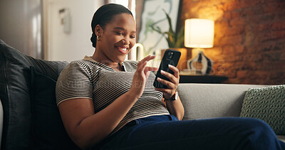 Buy stock photo Relax, woman and scroll with phone on sofa for dating app, chat notification and message response. Happy, black person or swipe on mobile in home for profile match, online connection or weekend break