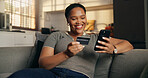 Credit card, smartphone and woman on sofa, smile and app for payment, purchase or ecommerce. Cellphone, transactions and person in home, fintech for investment and mobile banking for online shipping