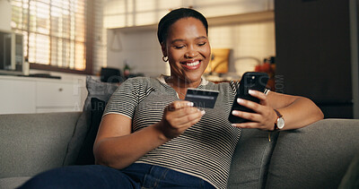 Buy stock photo Credit card, smartphone and woman on sofa, smile and app for payment, purchase or ecommerce. Cellphone, transactions and person in home, fintech for investment and mobile banking for online shipping