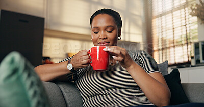 Buy stock photo Woman, relax and smell coffee at house for peace, espresso aroma and calm morning in lounge. Smile, female person and inhale beverage for caffeine scent, enjoy fragrance and nostalgia memory on couch
