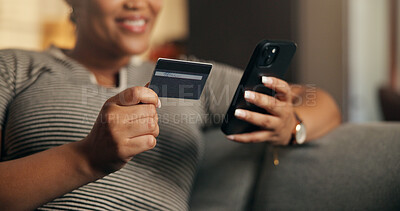 Buy stock photo Credit card, cellphone and woman on sofa, hands and app for payment, transaction or ecommerce. Smartphone, purchase and person in home, fintech for investment and mobile banking for online shipping