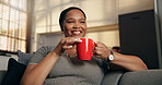 Thinking, woman and smile with coffee at house for peace, daydreaming and calm morning. Happy, female person and caffeine beverage with reflection, nostalgia memory and perspective for weekend break