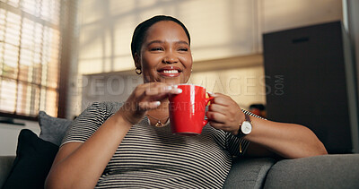 Buy stock photo Thinking, woman and smile with coffee at house for peace, daydreaming and calm morning. Happy, female person and caffeine beverage with reflection, nostalgia memory and perspective for weekend break