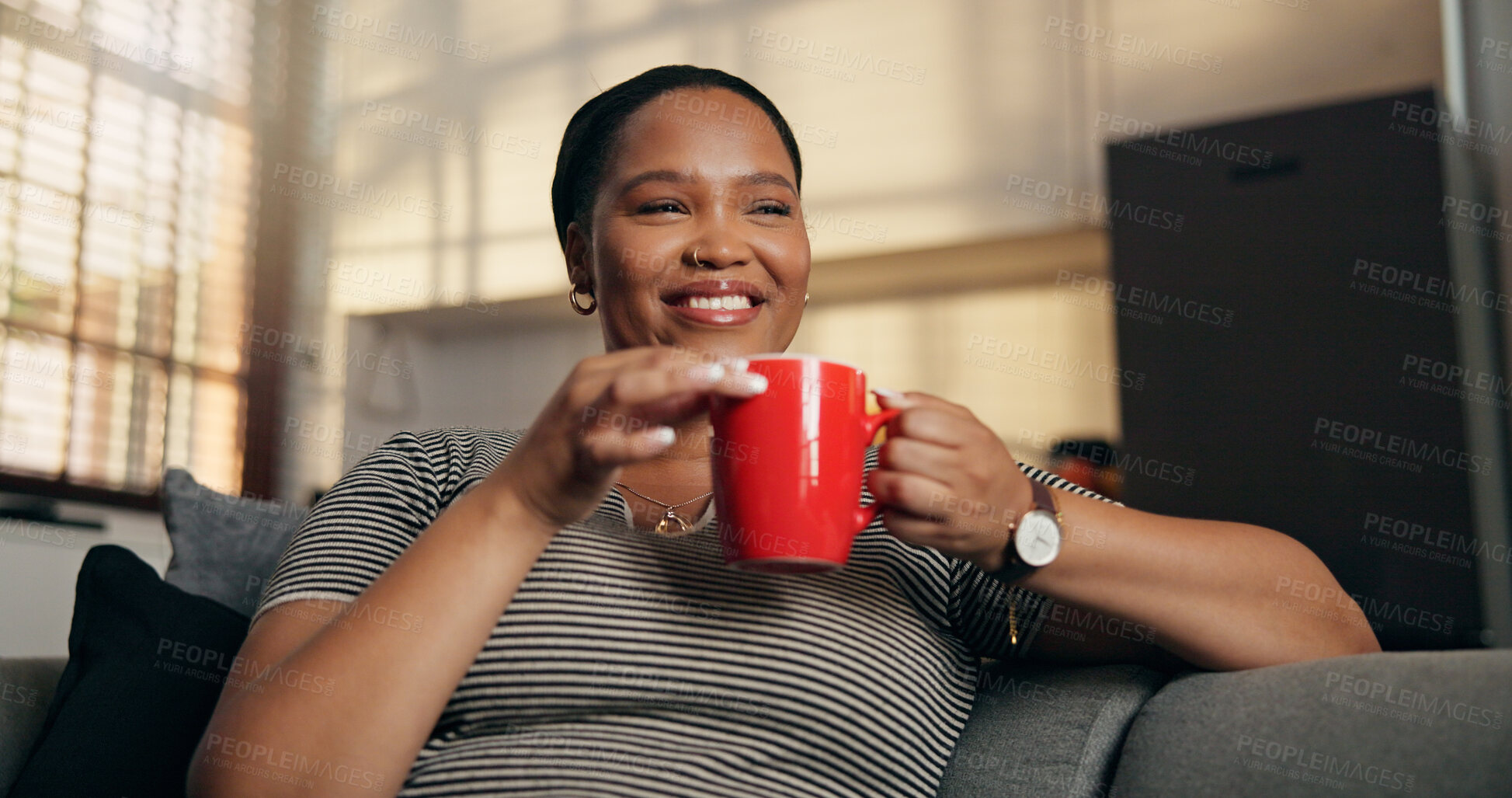 Buy stock photo Thinking, woman and smile with coffee at house for peace, daydreaming and calm morning. Happy, female person and caffeine beverage with reflection, nostalgia memory and perspective for weekend break