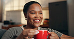 Happy, woman and thinking with coffee at house for peace, daydreaming and calm morning. Smile, female person and caffeine beverage with reflection, nostalgia memory and perspective for weekend break