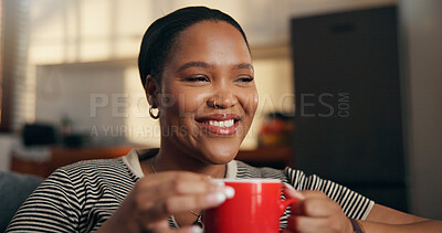 Buy stock photo Happy, woman and thinking with coffee at house for peace, daydreaming and calm morning. Smile, female person and caffeine beverage with reflection, nostalgia memory and perspective for weekend break