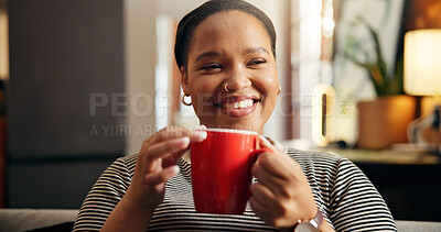 Buy stock photo Thinking, woman and relax with coffee at house for peace, daydreaming and calm morning. Smile, female person and caffeine beverage with reflection, nostalgia memory and perspective for weekend break