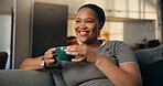 Happy, woman and thinking with coffee on sofa for peace, daydreaming and calm morning. Smile, person and caffeine beverage with reflection, nostalgia memory and perspective for weekend break at house