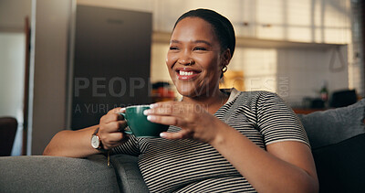 Buy stock photo Happy, woman and thinking with coffee on sofa for peace, daydreaming and calm morning. Smile, person and caffeine beverage with reflection, nostalgia memory and perspective for weekend break at house