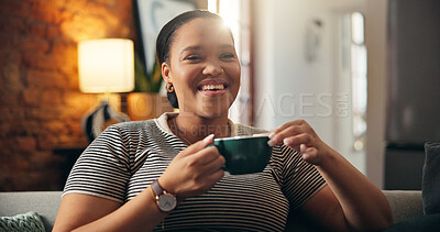 Buy stock photo Smile, woman and thinking with coffee on sofa for peace, daydreaming and calm morning. Happy, person and caffeine beverage with reflection, nostalgia memory and perspective for weekend break at house