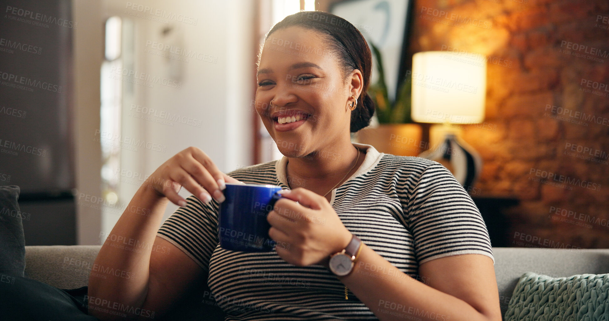 Buy stock photo Smile, woman and thinking with coffee on couch for peace, daydreaming and calm morning. Happy, person and caffeine beverage with reflection, nostalgia memory and perspective for weekend break in home