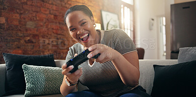 Buy stock photo Black woman, gamer and playing with smile on sofa for esport, challenge or tournament in home. Female person, player or gaming with streaming, controller or competition on couch for contest in house