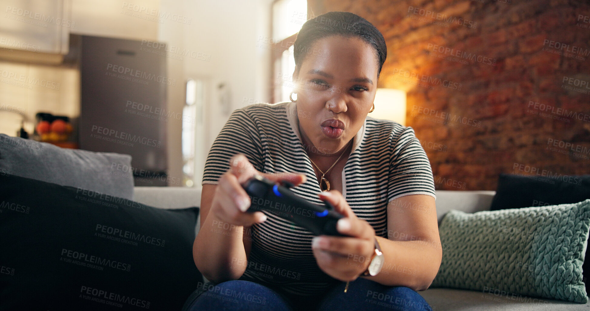 Buy stock photo Black woman, gamer and excited with smile on sofa for esport, challenge or tournament in home. Female person, player or gaming with streaming, controller or competition on couch for contest in house