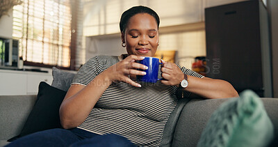 Buy stock photo Happy, woman and smell coffee at house for peace, espresso aroma and calm morning in lounge. Smile, female person and inhale beverage for caffeine scent, enjoy fragrance and nostalgia memory on couch