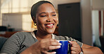 Happy, black woman and smile with coffee for thinking, wellness and reflection on weekend. Home, living room sofa and person with beverage, drink and aroma for calm, peace and relax for daydreaming