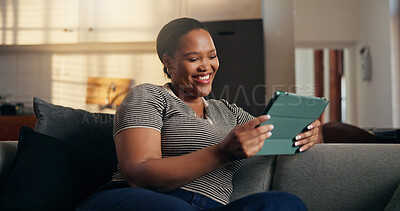 Buy stock photo Relax, woman and laugh with tablet on sofa for comedy movie, funny online show and weekend break. Happy, black person or digital app in home for watching comic series, internet entertainment or humor