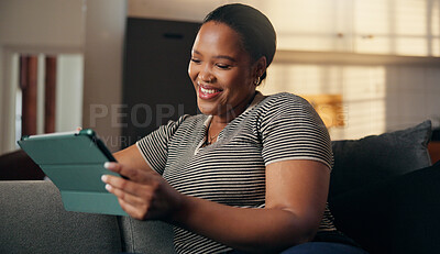 Buy stock photo Relax, woman and laugh with tablet in home for comedy movie, funny online show and weekend break. Happy, black person or digital app on sofa for watching comic series, internet entertainment or humor