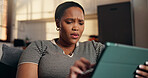 Confused, gossip and woman with tablet on sofa for shock, online message and chat in home. Weekend, social media and person with tech for rumor, fake news and negative notification on mobile app
