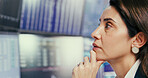 Monitor, thinking and trading with business woman in office for stock market investment or review. Finance, planning and statistics charts with broke in workplace for portfolio growth or management