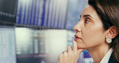 Buy stock photo Monitor, thinking and trading with business woman in office for stock market investment or review. Finance, planning and statistics charts with broker in workplace for portfolio growth or management