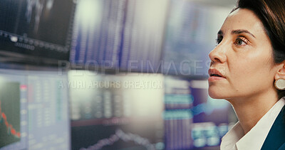 Buy stock photo Monitor, reading and trading with broker woman in office for stock market investment or review. Finance, planning and statistics charts with business person at work for portfolio growth or management