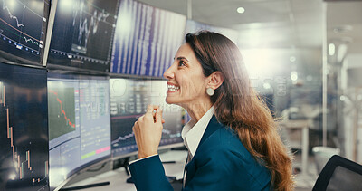 Buy stock photo Monitor, smile and trading with broker woman in office for stock market investment or review. Finance, graphs and planning with happy business person at work for portfolio growth or management