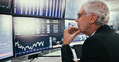 Buy stock photo Charts, thinking and trading with business man in office to monitor stock market for investment. Finance, planning and statistics data with mature broker in workplace for portfolio management