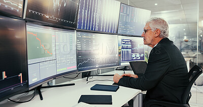 Buy stock photo Mature, businessman or broker with computer for stock market research, analysis or online trading. Man, employee or investor monitoring graph, statistics or cryptocurrency for investment in workplace