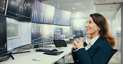 Buy stock photo Happy woman, broker and monitoring with computer for stock market research, analysis or trading. Female person, employee or investor with smile, graph or statistics for online investment in workplace