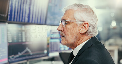 Buy stock photo Man, trading and review with computer screen for graphs with glasses, profile and stock market stats. Mature person, broker and monitor with fintech, portfolio and insight at asset management agency