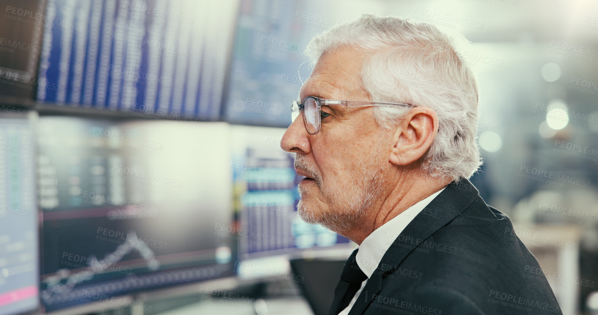 Buy stock photo Man, trading and review with computer screen for graphs with glasses, profile and stock market stats. Mature person, broker and monitor with fintech, portfolio and insight at asset management agency