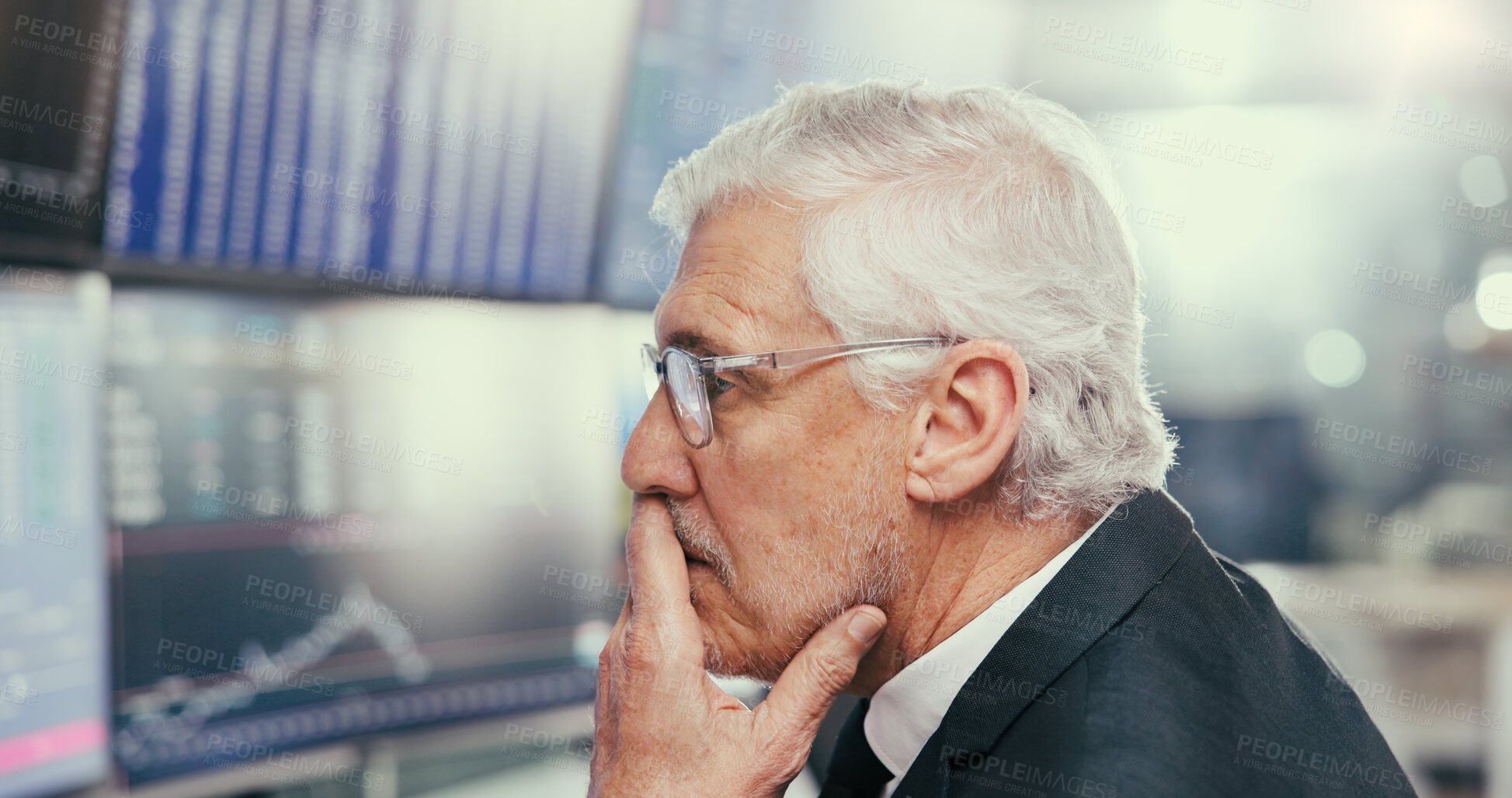 Buy stock photo Man, trading and stress with computer screen for graphs with glasses, profile and stock market stats. Mature person, broker and monitor with fintech, mistake and frustrated at asset management agency