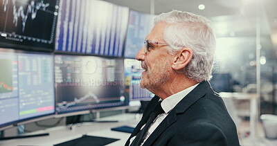 Buy stock photo Man, trading and smile with computer screen for graphs with glasses, profile and stock market stats. Mature person, broker and monitor with fintech, portfolio and happy at asset management agency
