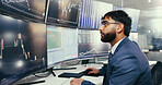Man, trading and review with computer screen for charts with glasses, profile and stock market statistics. Person, broker and monitor with fintech, graphs and insight at asset management agency