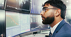 Man, trading and stats with computer screen for graphs with glasses, data or review for stock market. Person, finance broker and monitor with fintech, portfolio and insight at asset management agency