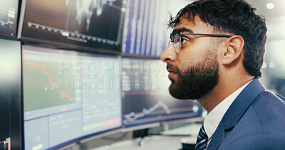 Buy stock photo Man, trading and stats with computer screen for graphs with glasses, data or review for stock market. Person, finance broker and monitor with fintech, portfolio and insight at asset management agency