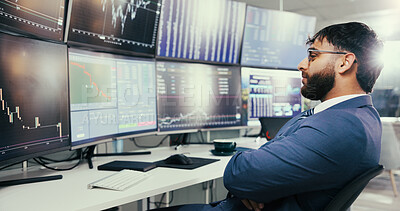 Buy stock photo Man, trading and broker with computer screen for smile with glasses, relief or stock market stats. Person, arms crossed and monitor for fintech, finished project or insight at asset management agency