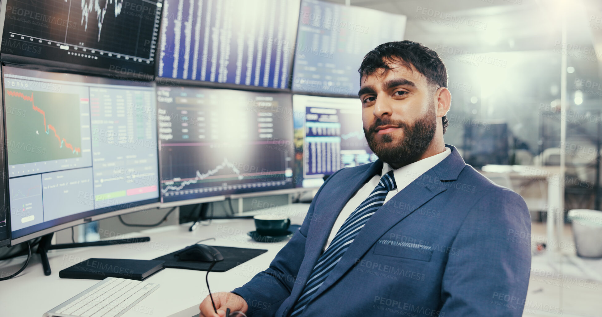 Buy stock photo Man, trading and happy with computer screen for graphs with confidence, portrait and stock market stats. Person, broker and pc with fintech, pride and insight at asset management agency in Mexico