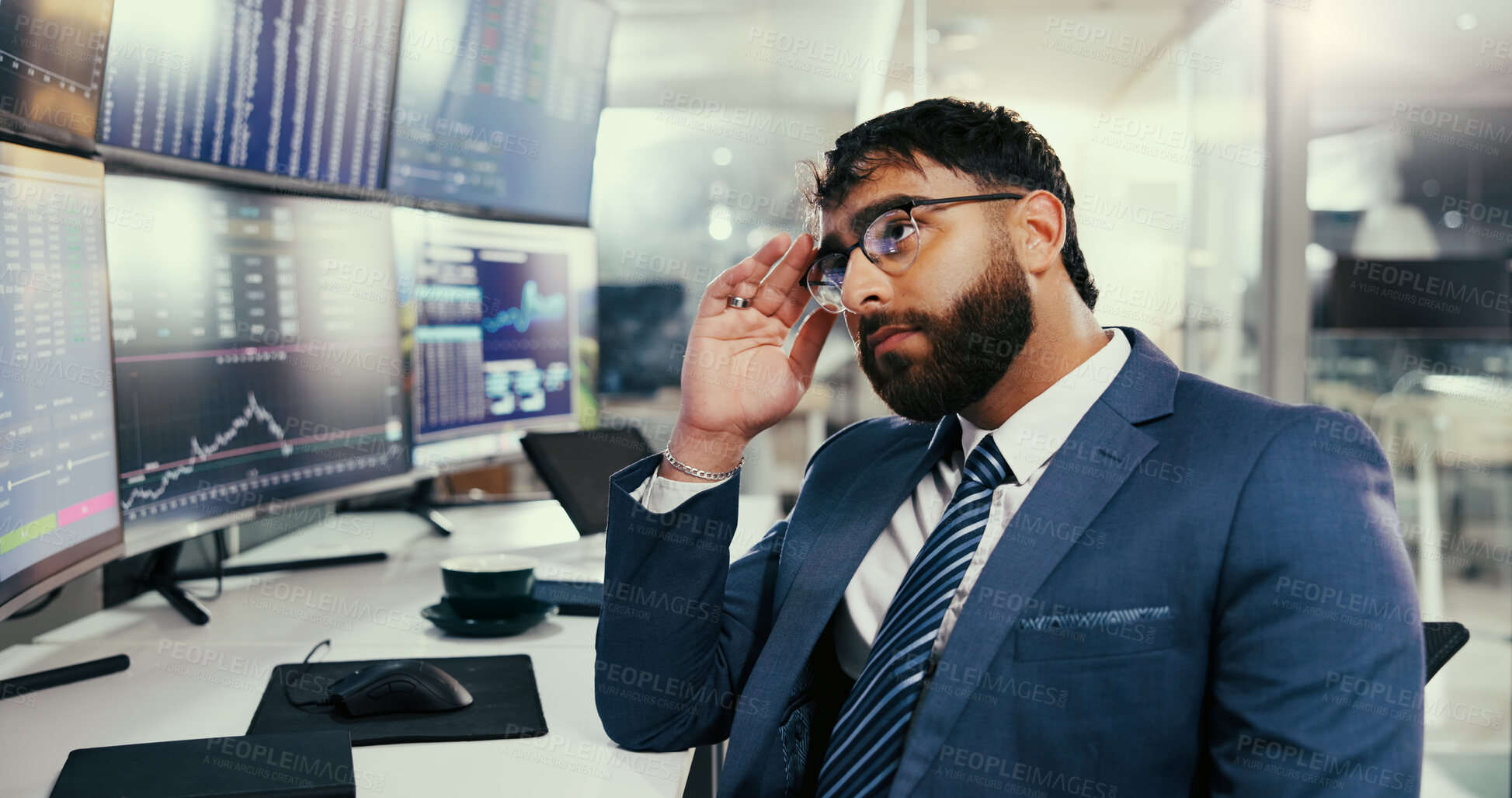 Buy stock photo Headache, trading or man in agency with computer screen, crypto risk or technical glitch on investment platform. Migraine, data error or broker with tech, account loss or crash in stock market.

