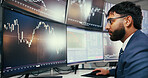 Man, trading and broker with computer screen for stats with glasses, review and stock market research. Person, financial advisor and monitor with fintech, charts or insight at asset management agency