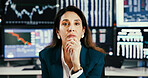 Trading, businesswoman and stress for stock market in office, portrait and stats research on website. Serious, broker and mature person with data for risk management, online and worry for investment