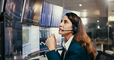 Buy stock photo Computer screen, trading and businesswoman in office at night for charts, graphs or stock market. Headset, broker and female financial analyst with fintech, statistics and research for investment.