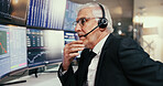 Computer screen, trading and mature businessman in office at night for charts, graphs or stock market. Headset, broker and male financial analyst with fintech, statistics and research for investment.